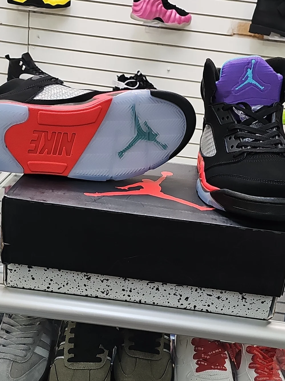 Jordan Men's Black Sneakers with Purple Tongues and Teal Jumpman